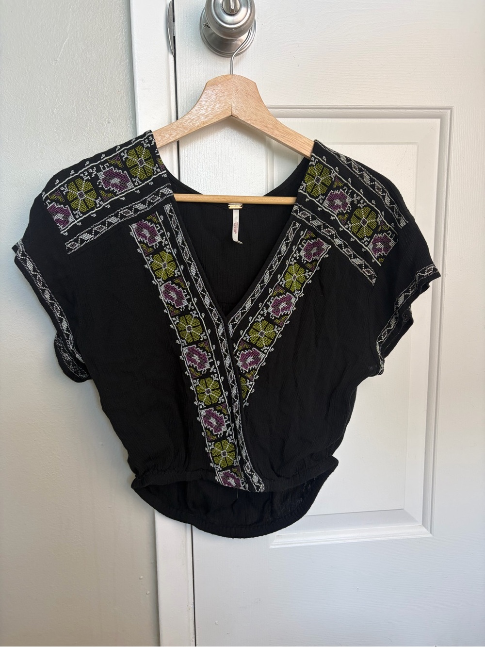 Free People Black Embroidered V-Neck Women's Top